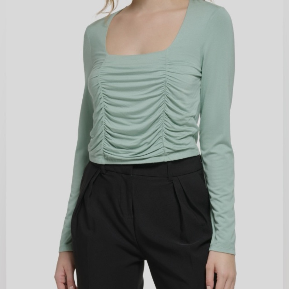 Calvin Klein Womens Green Ruched Crop Top Blouse Shirt NWT large
